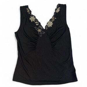 Nine West black silk blend tank top with beaded embroidery
